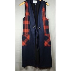 BCBGeneration Navy Faux Suede Plaid Longline Duster Vest Navy Red Small